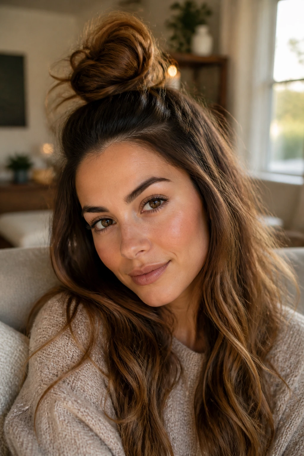 Close-up of a real woman with a half-down top knot and loose waves