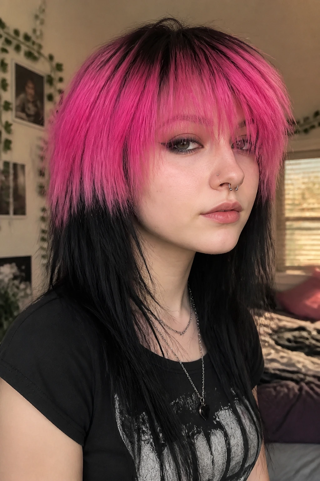 Close-up portrait of half-dyed hair with a sharp top-bottom color contrast in a cozy bedroom.