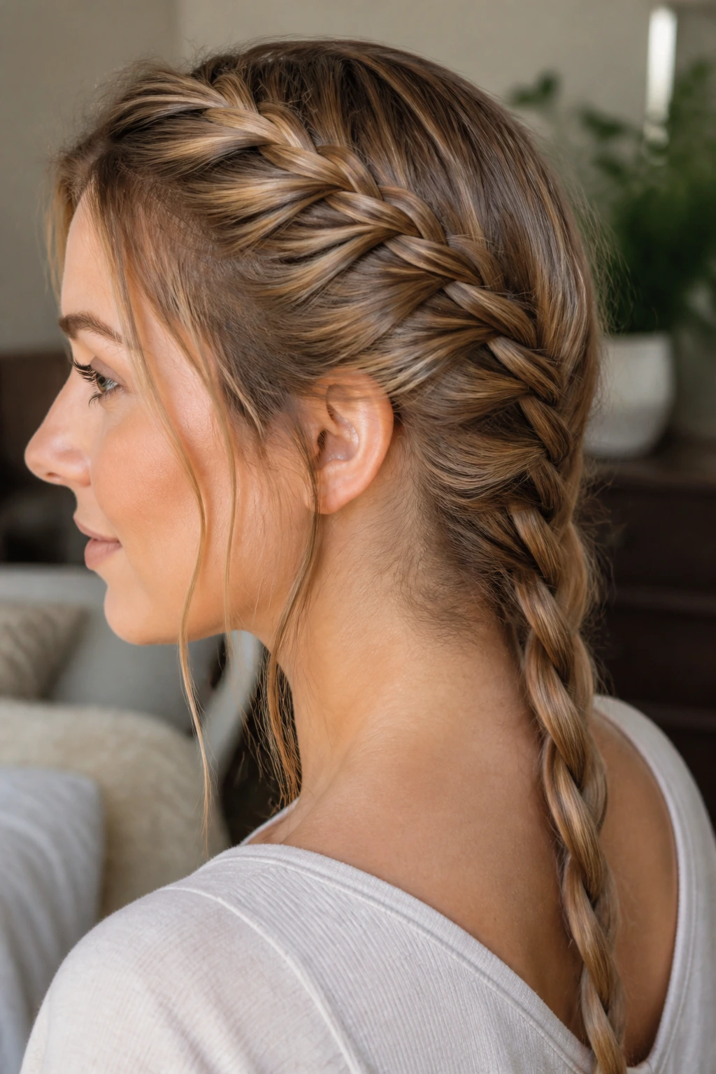 Profile view of a real woman with a half French braid transitioning to a twist