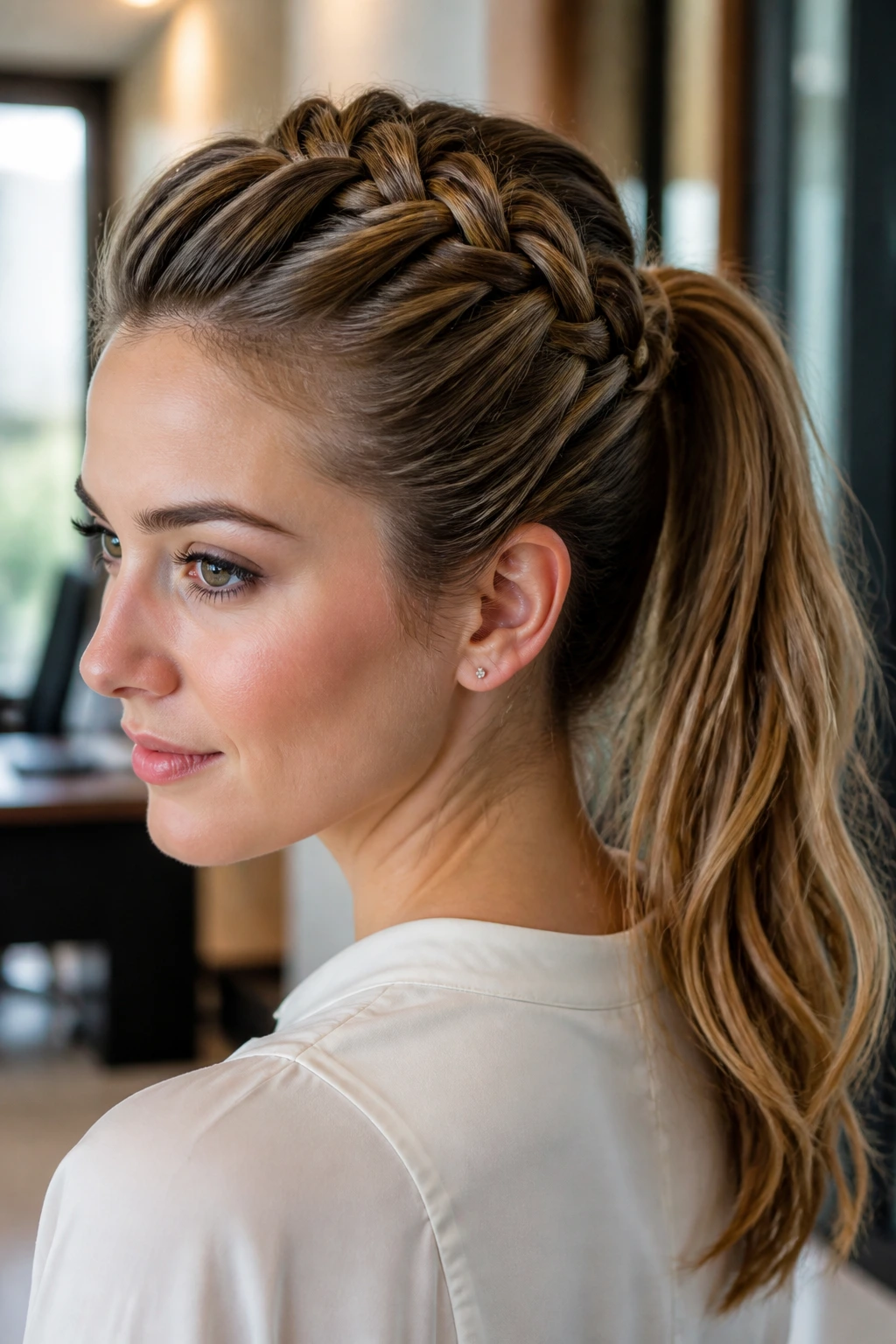 Close-up of a real woman wearing a half-French twist braid transitioning into a ponytail in an office setting