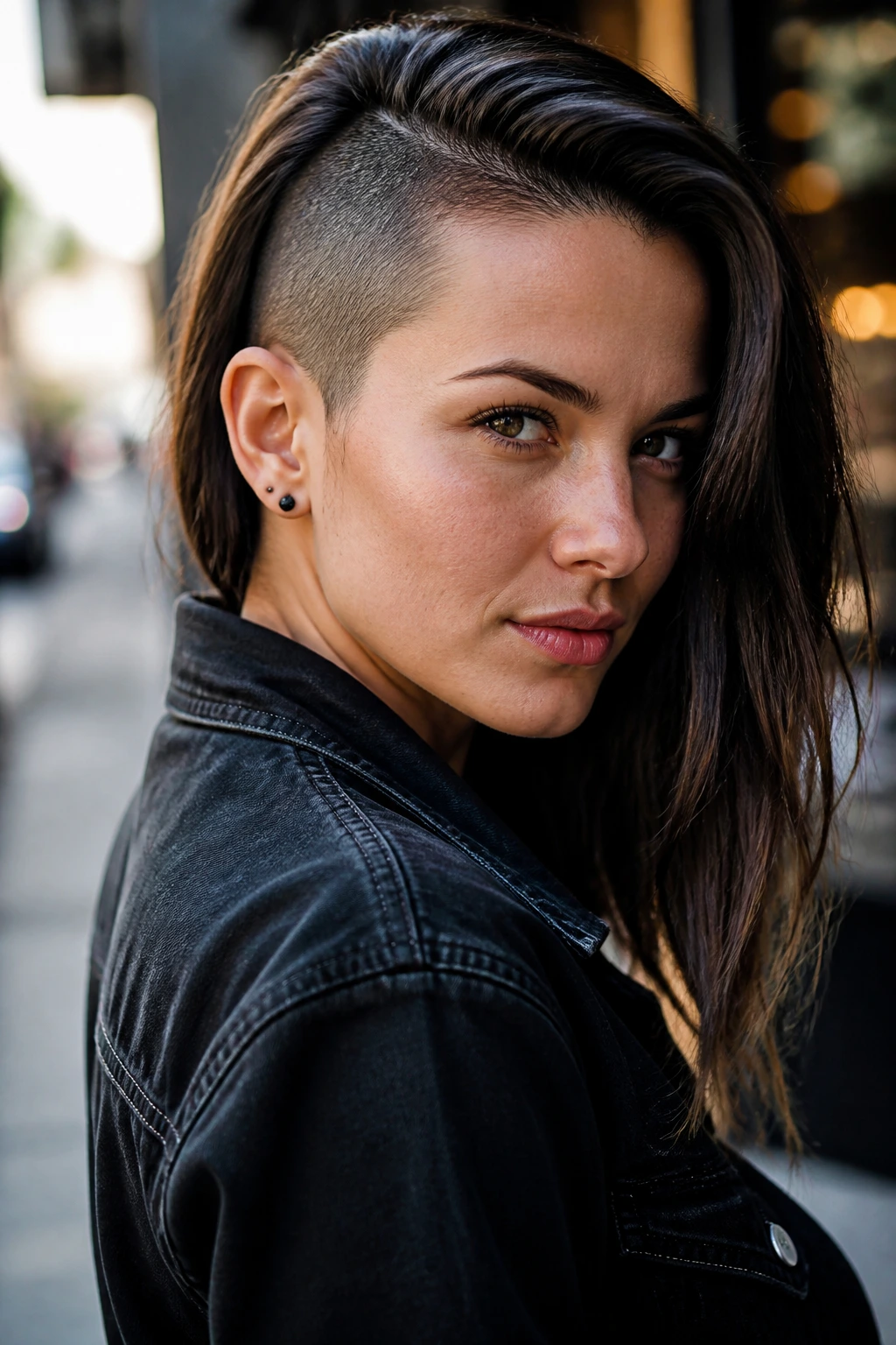 Close-up showing one side shaved with the other side long hair