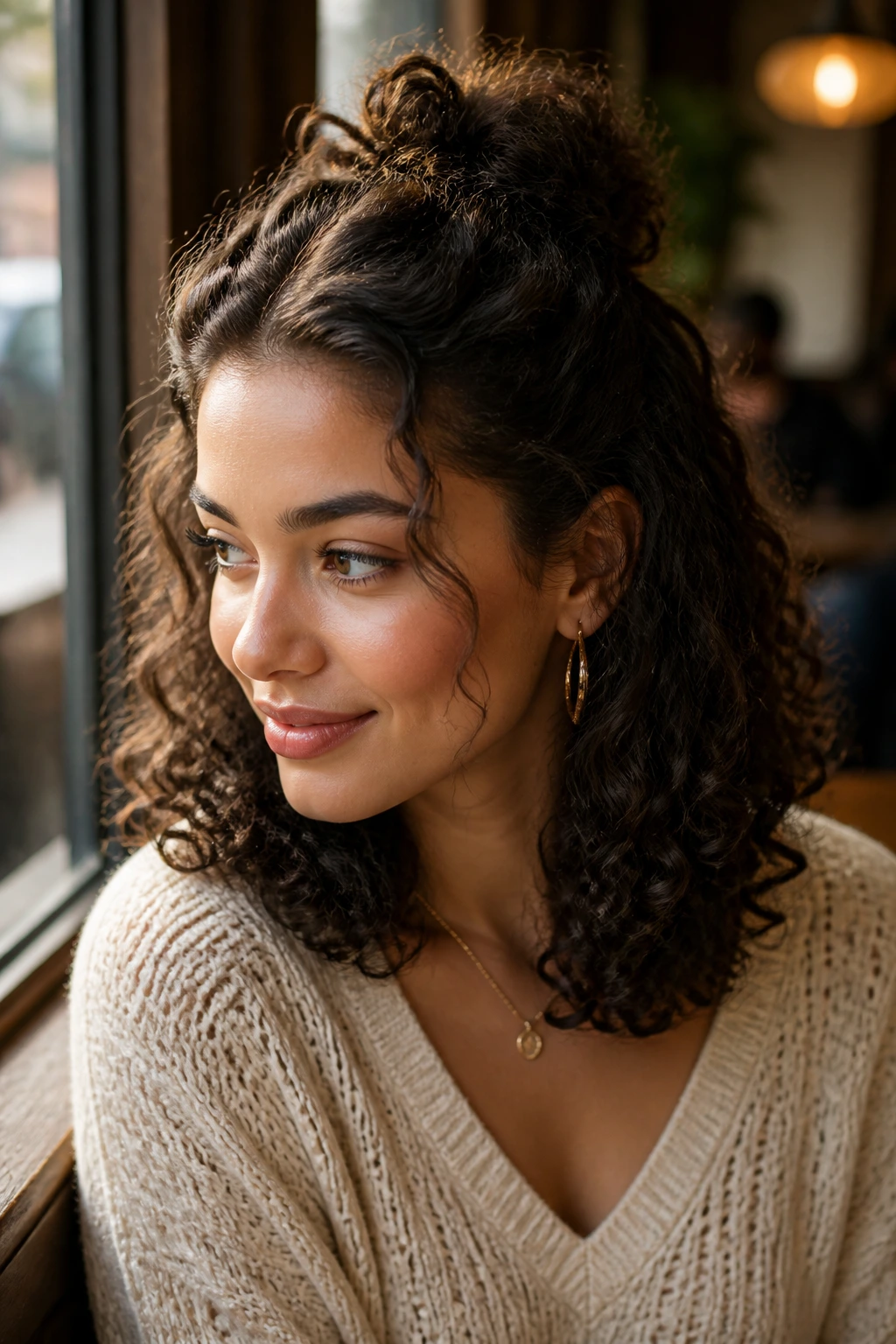 Close-up portrait of a real woman with a soft half-moon bun hairstyle in shoulder-length curls, warm cafe light.