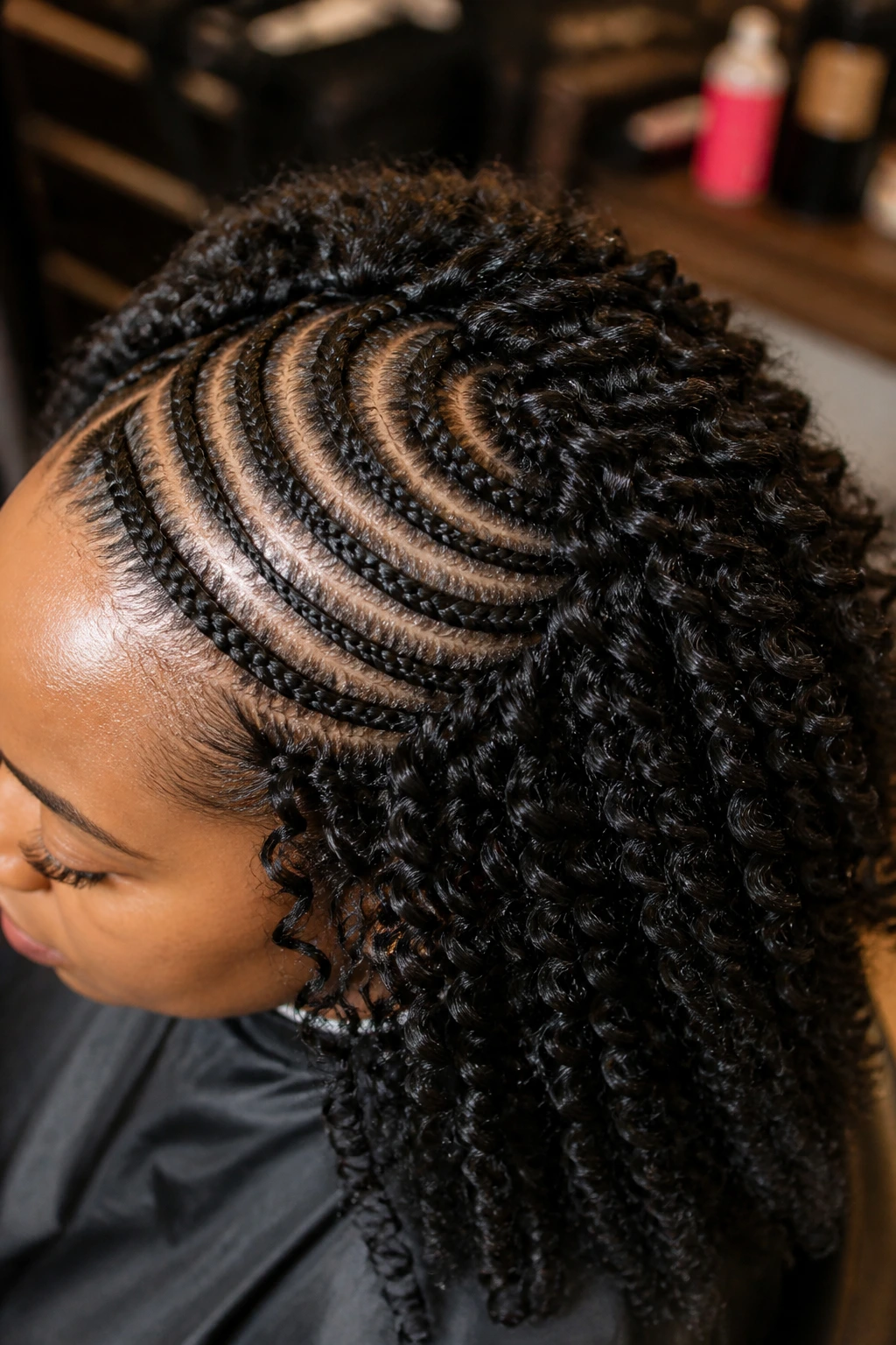 Close-up of crown showing crescent half-moon cornrows around the head