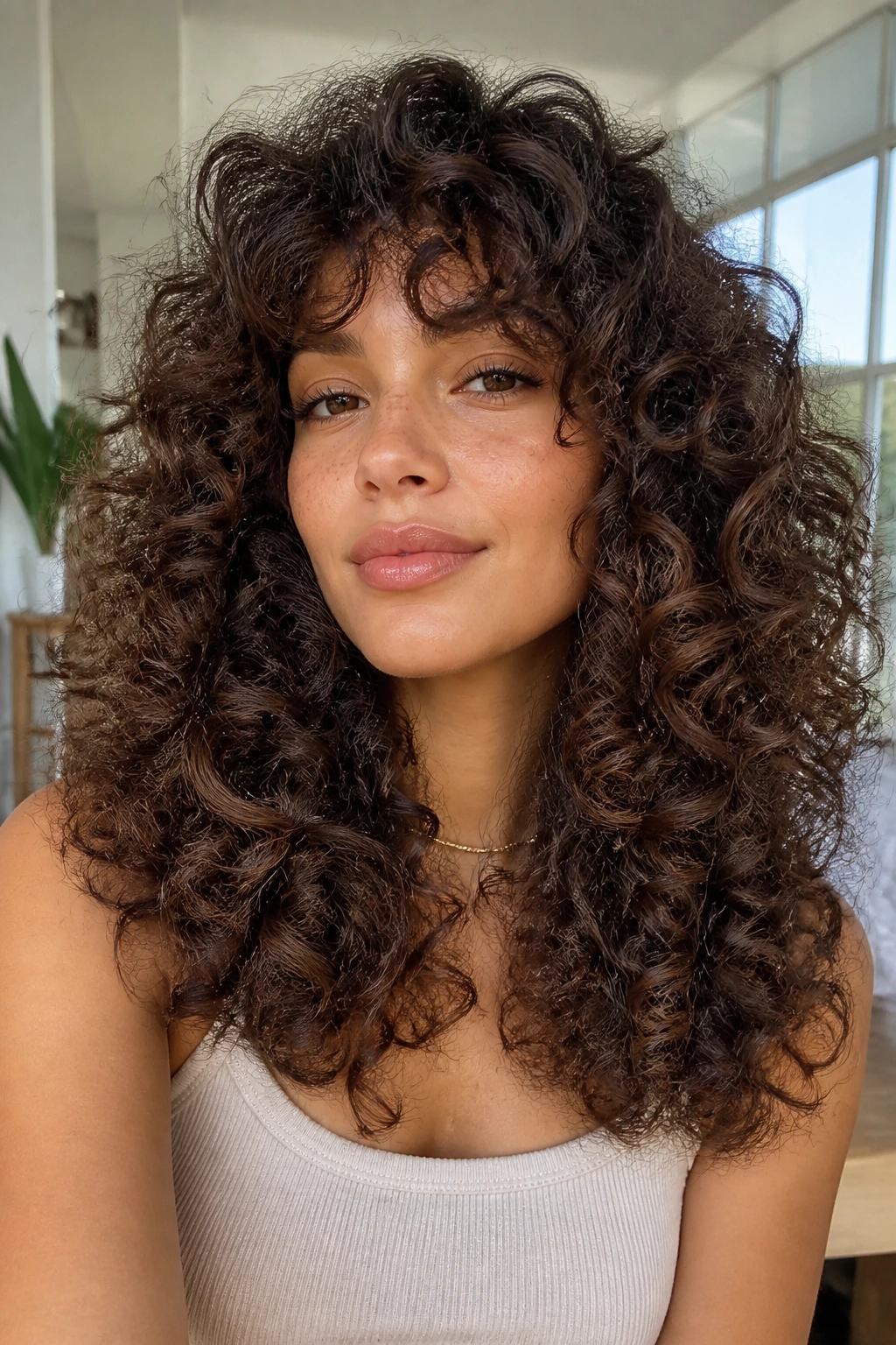 Portrait of a woman with half-moon layered curls