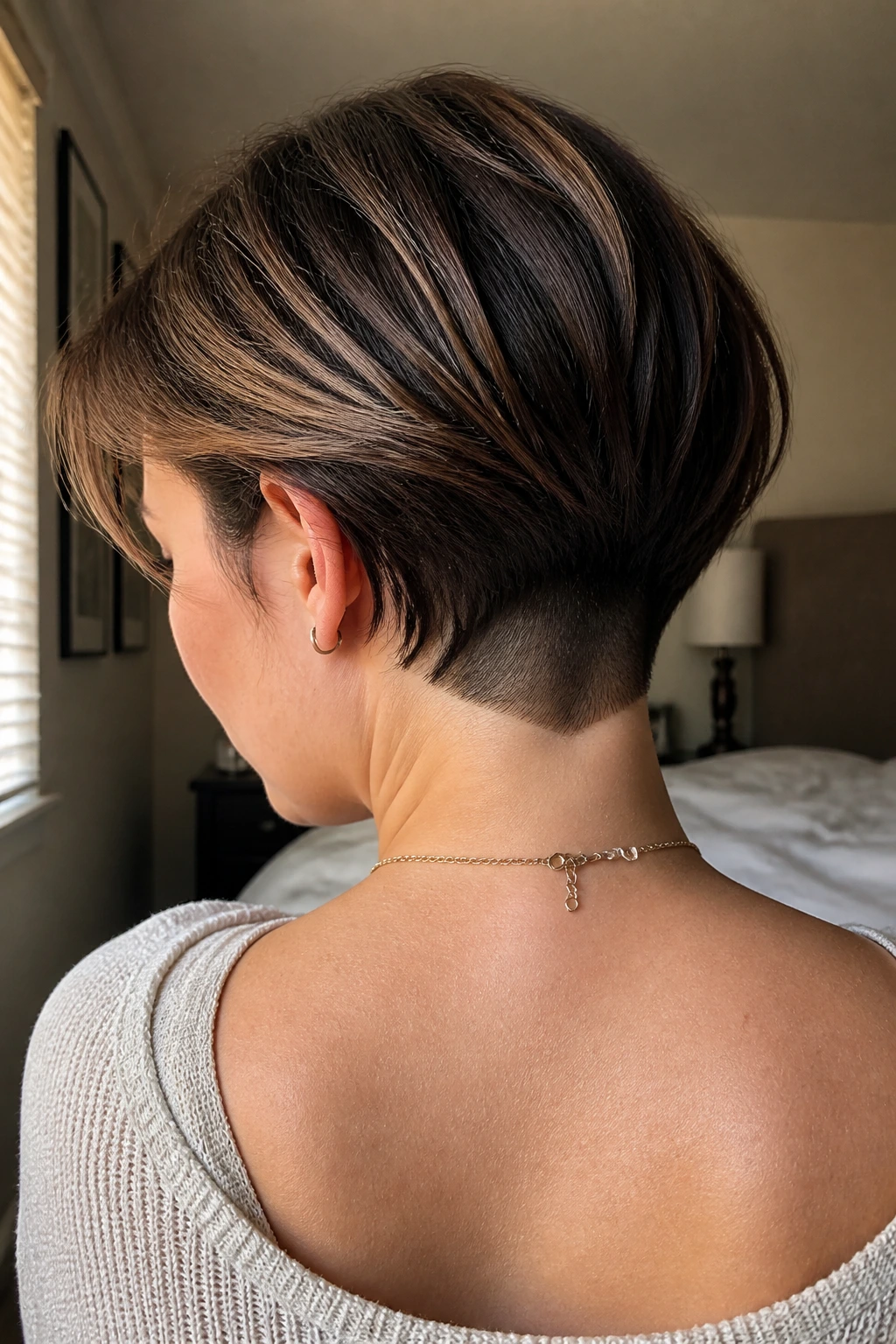 Close-up of a real woman's nape showing a curved half-moon undercut with soft lighting