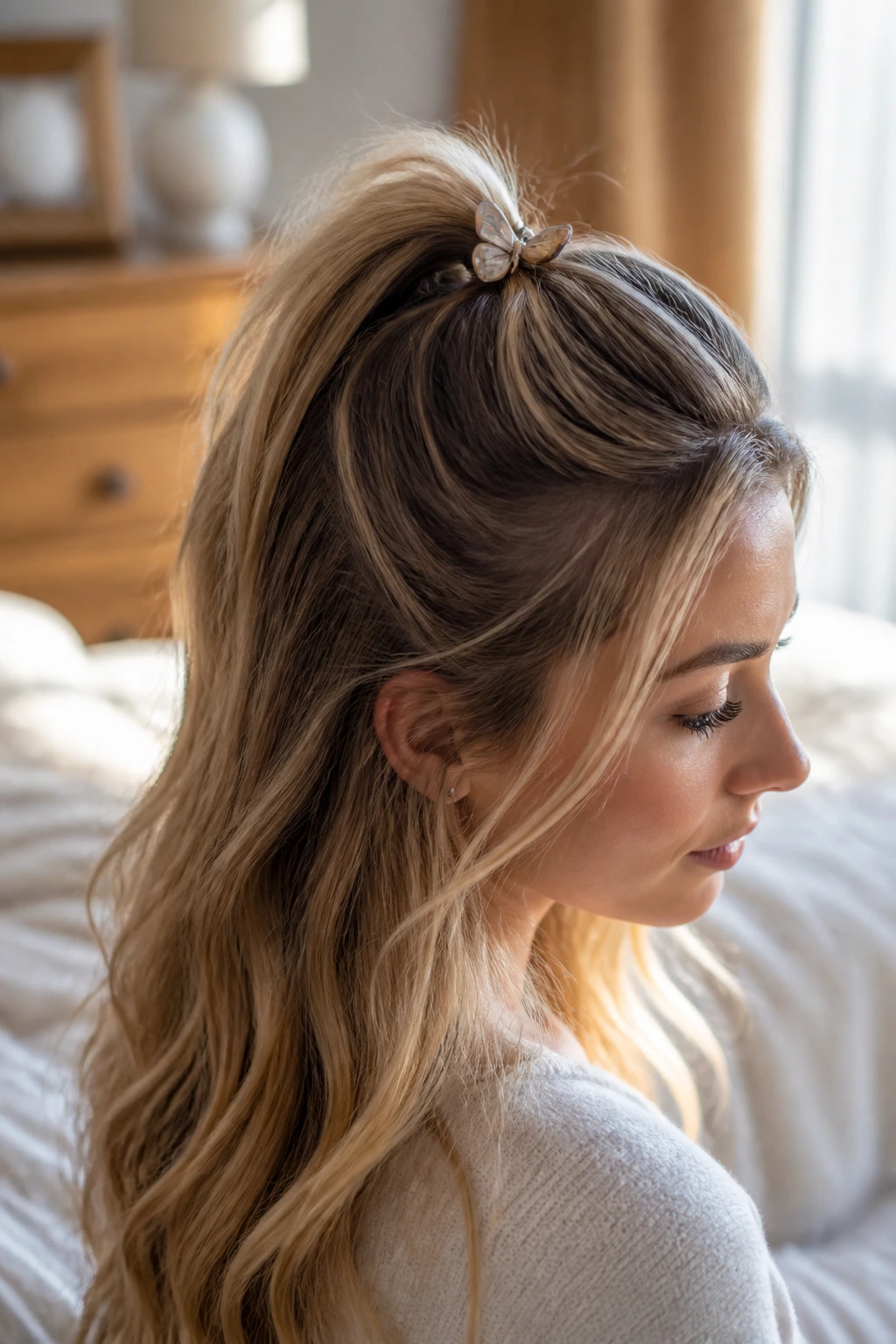 Close-up of a real person with a high-volume half-ponytail