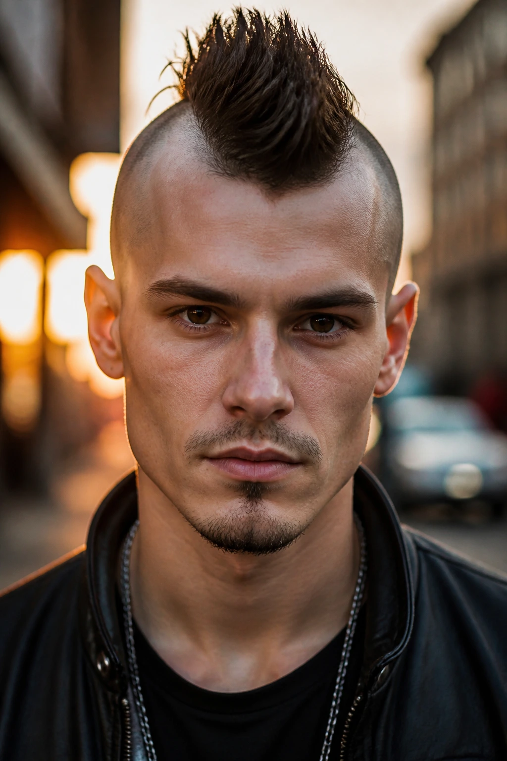 Close-up portrait of a person with a half-shaved mohawk