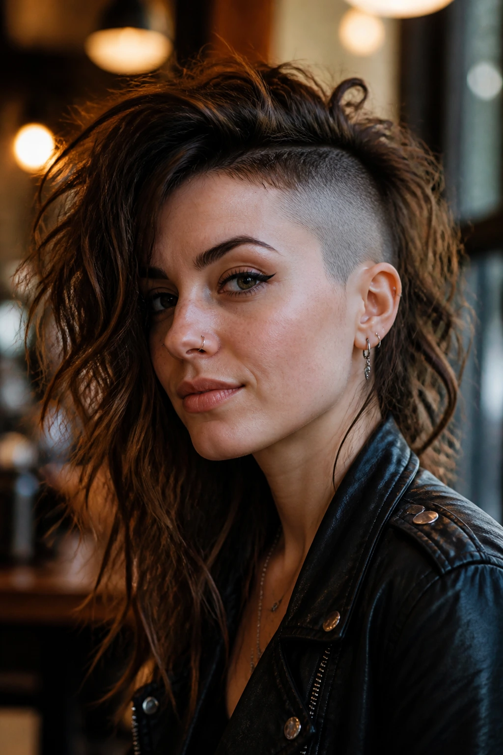 Close-up portrait of a real woman with a half-shaved shag hairstyle showing shaved side and textured long layers.