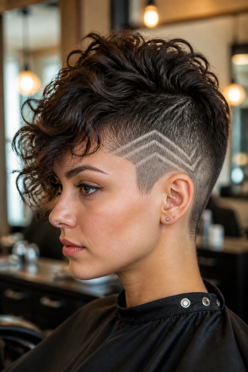 Close-up of a person with a half-shaved undercut design and wavy top in a stylish salon.