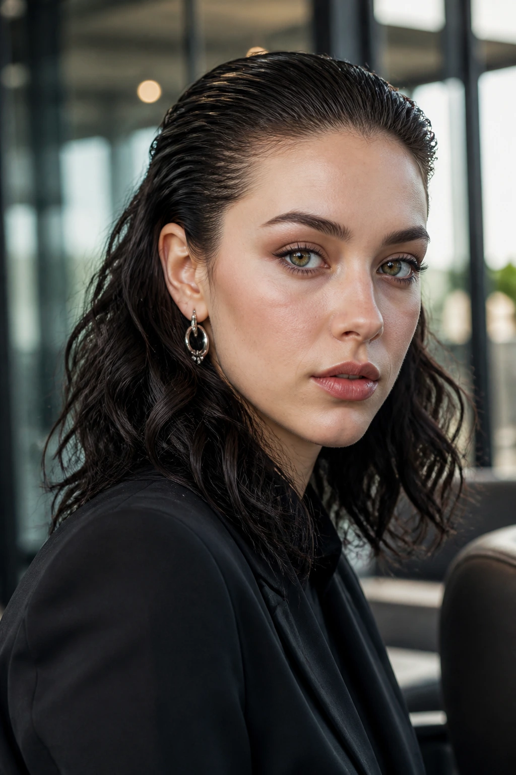 Close-up of a real person showing half-slicked top and textured bottom hairstyle in an office setting.