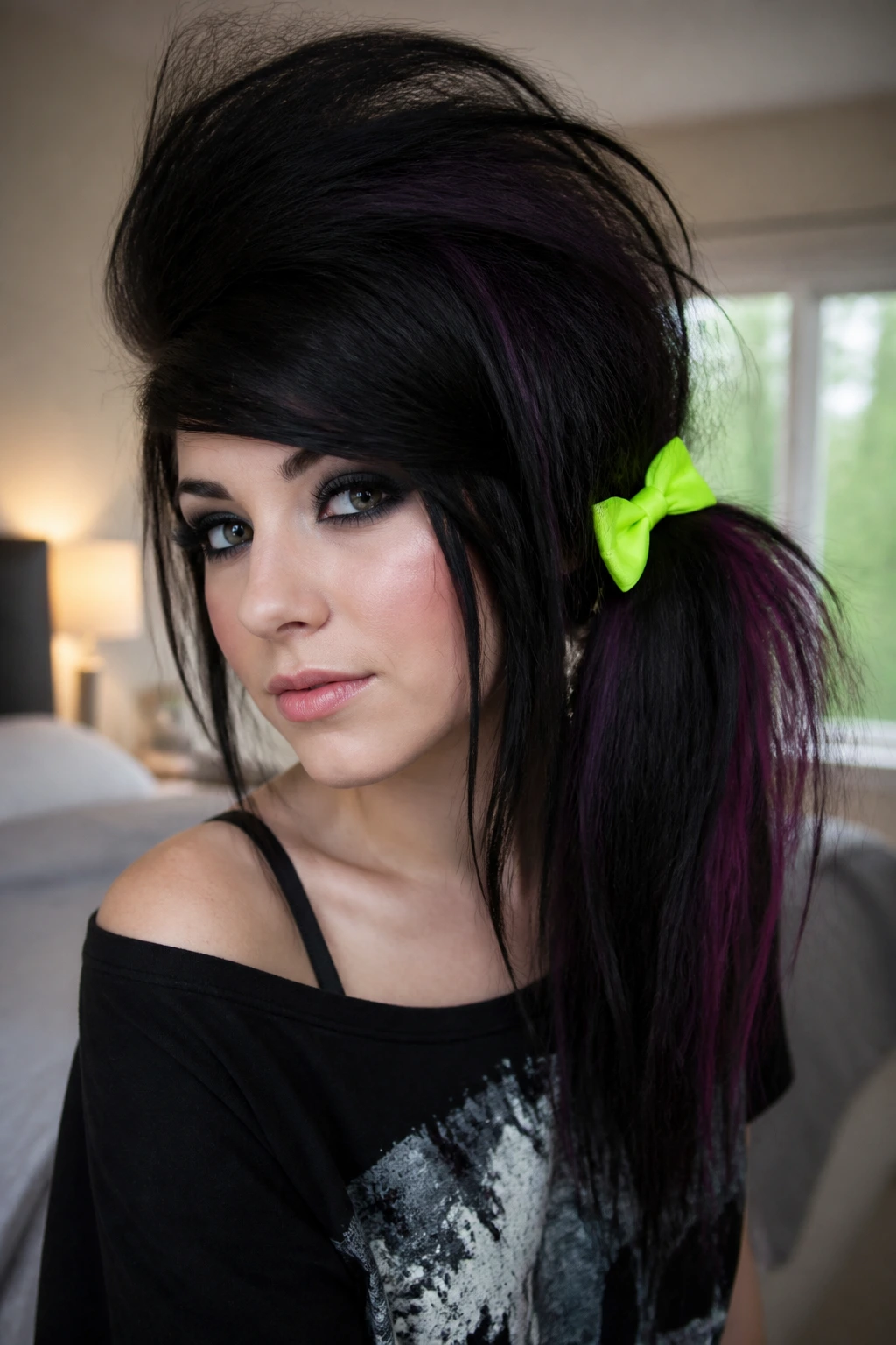 Close-up portrait of a real woman with a half-teased side pony neon bow and dramatic volume
