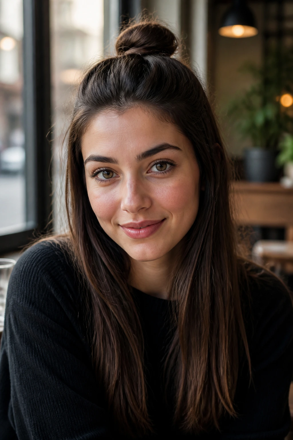 Close-up of a woman with a half-top knot hairstyle and straight hair, in cafe lighting