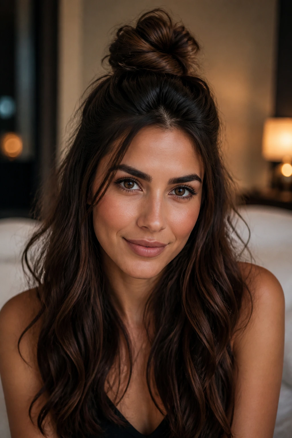 Close-up of a woman with half-top knot hairstyle in chocolate hair with soft bedroom lighting