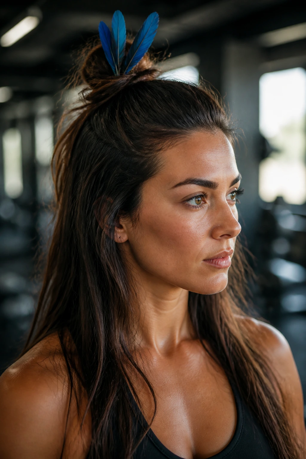 Close-up of a real woman with a half-top-knot and blue feathers during a workout