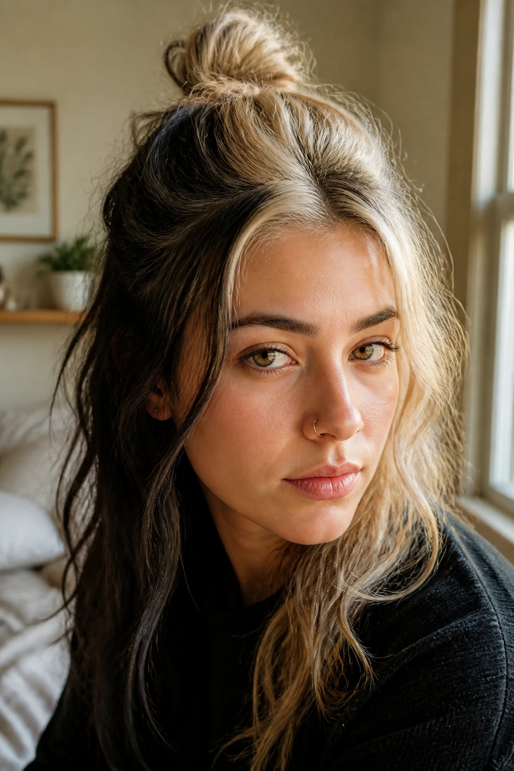 Close-up portrait of a real woman with a half-top knot and split-dye hair in warm window light