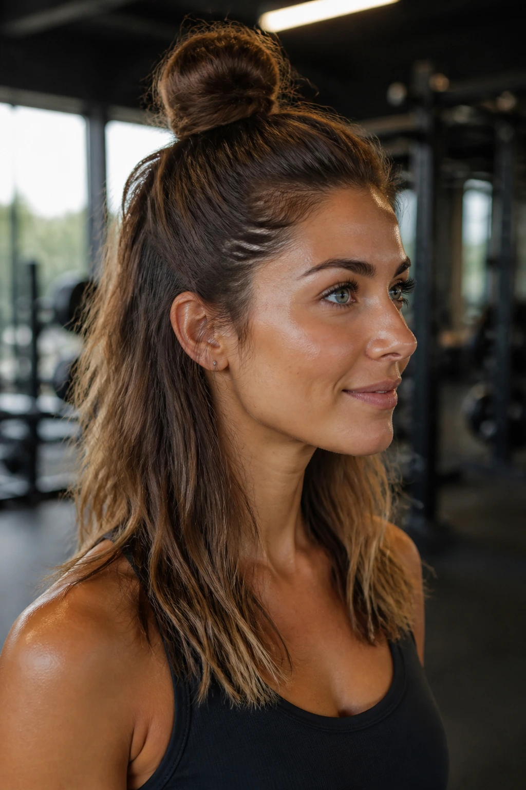 Close-up of a real woman with a half-top-knot hairstyle in a gym setting