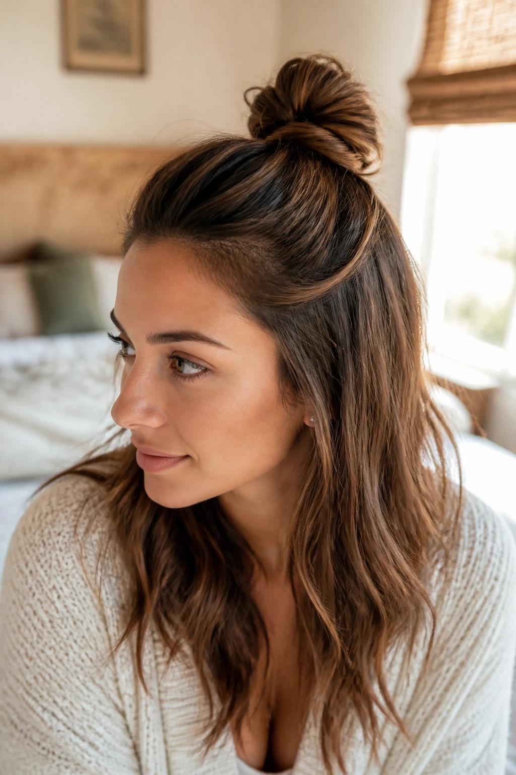 Close-up of real woman with a half-top knot in warm morning light.