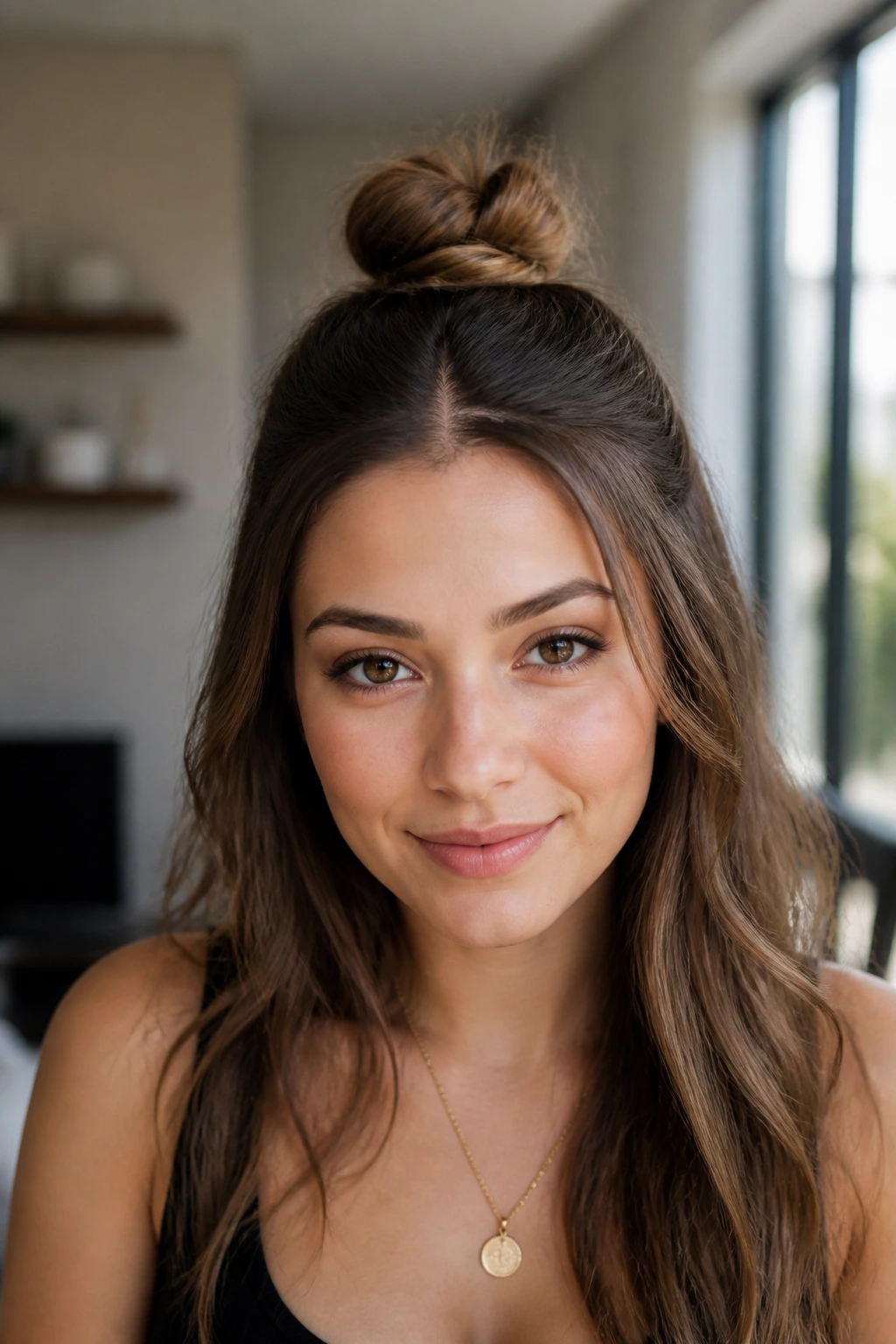 Close-up of a real person with a half-top knot hairstyle