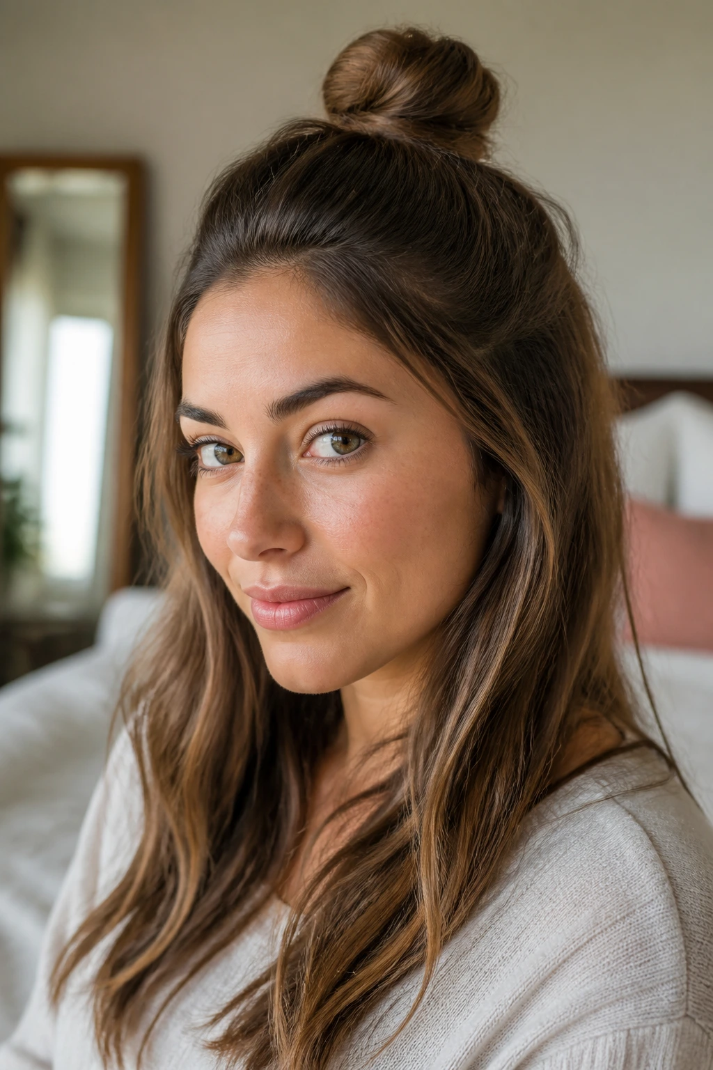 Close-up of a real woman with a half-top knot hairstyle in natural bedroom light
