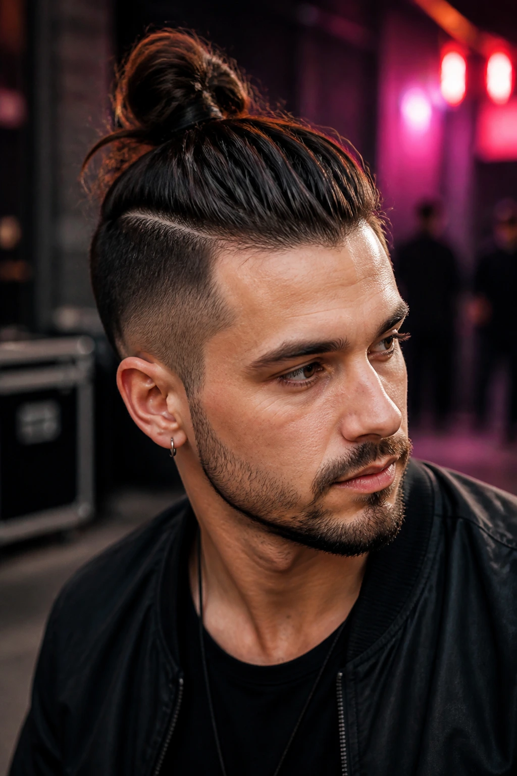 Close-up portrait of a person with a high top knot and shaved sides