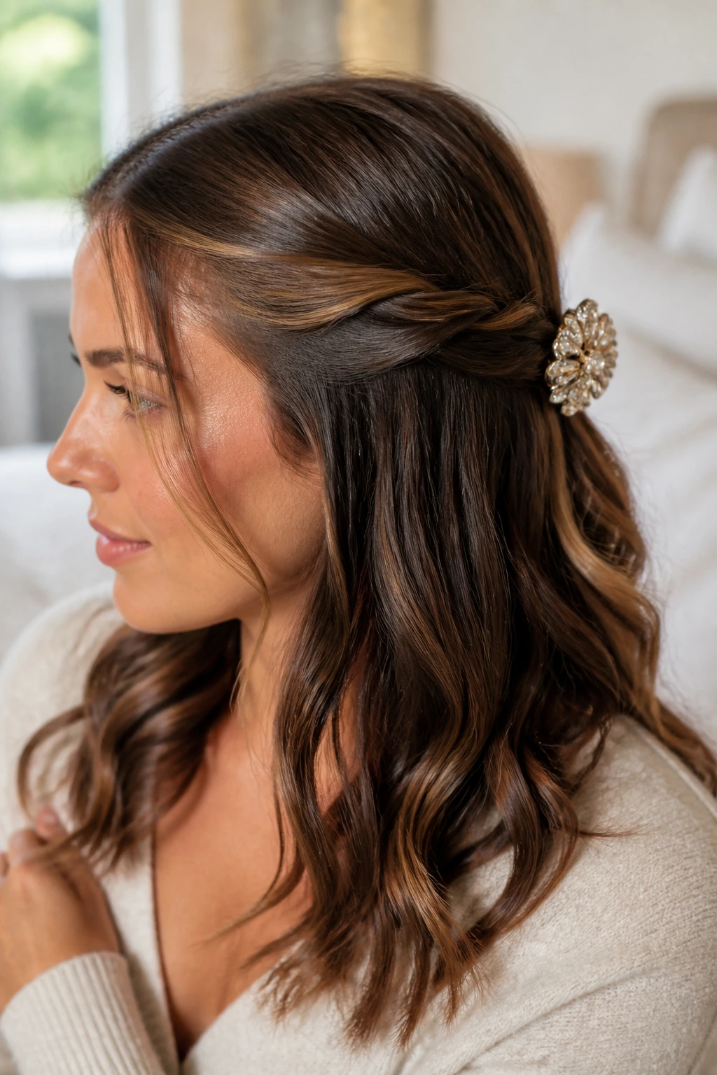 Close-up of a woman with a half-twist hairstyle secured by a large clip
