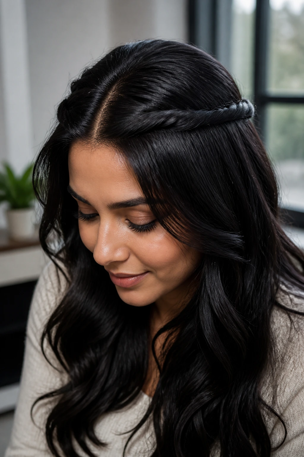 Close-up portrait of a real woman showing two front twists forming a half-twist crown in black hair.