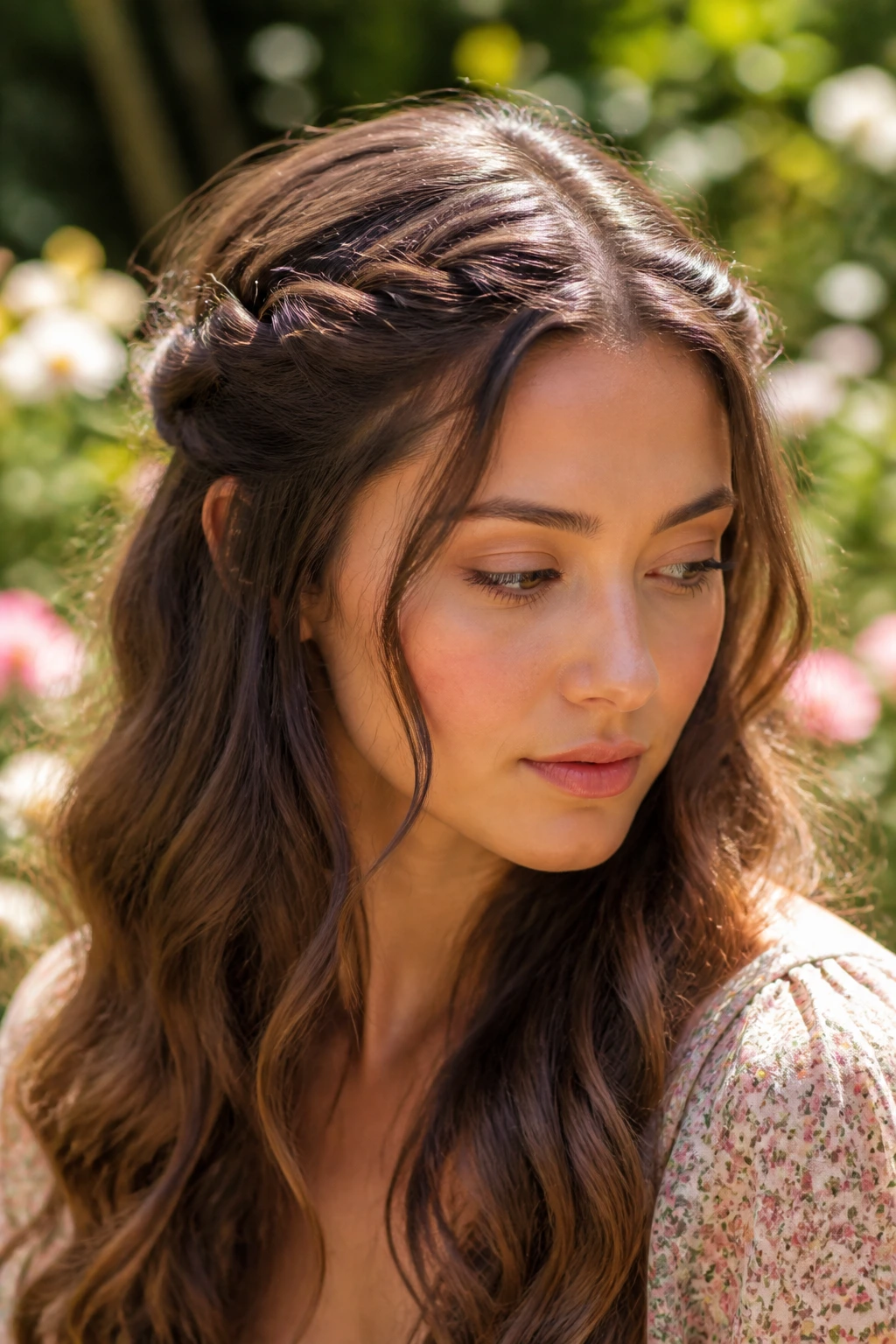Close-up of a real person with half-twist crown hairstyle, twists pinned at the back