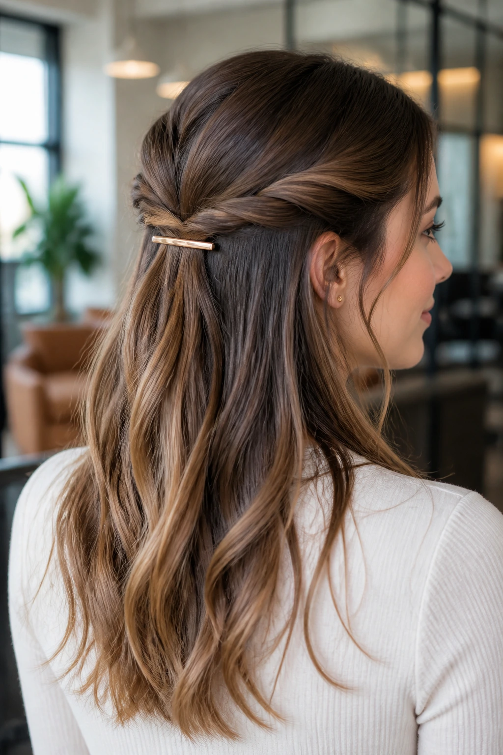 Close-up of a real woman with a half-twist ponytail at the back