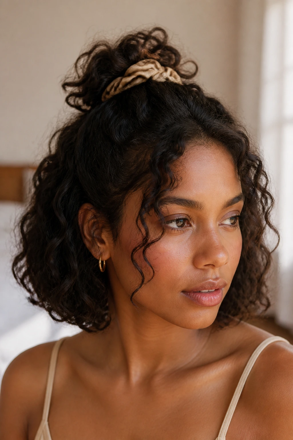 Close-up of a real woman with a half-up half-down bob under warm window light