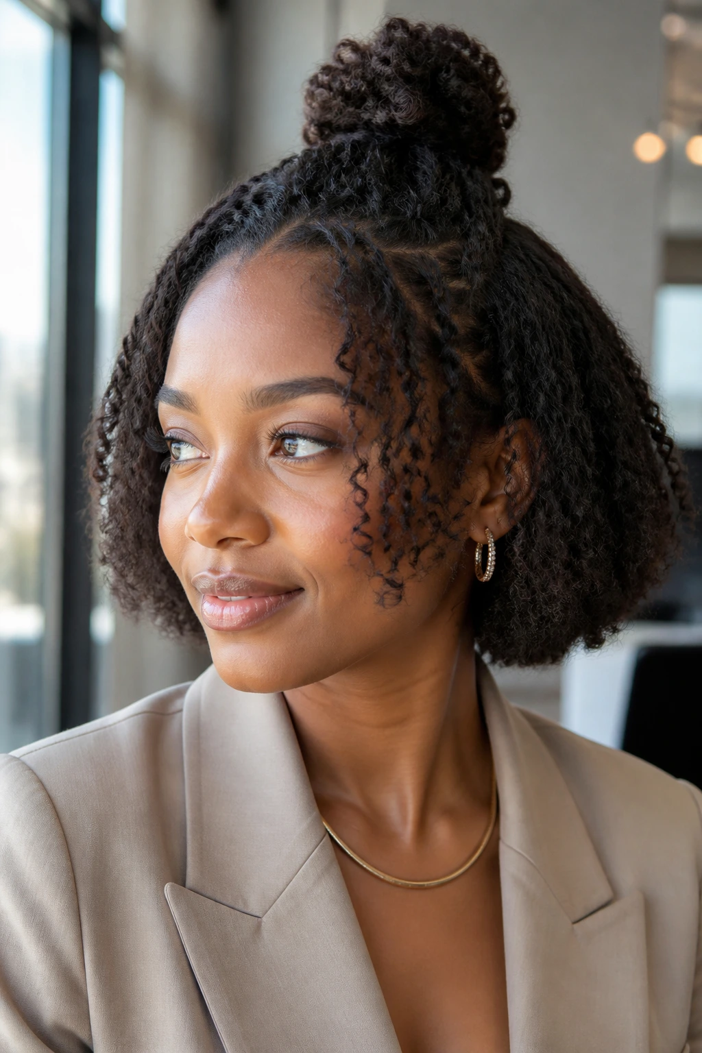 Close-up portrait of a woman with half-up friendly bob hairstyle