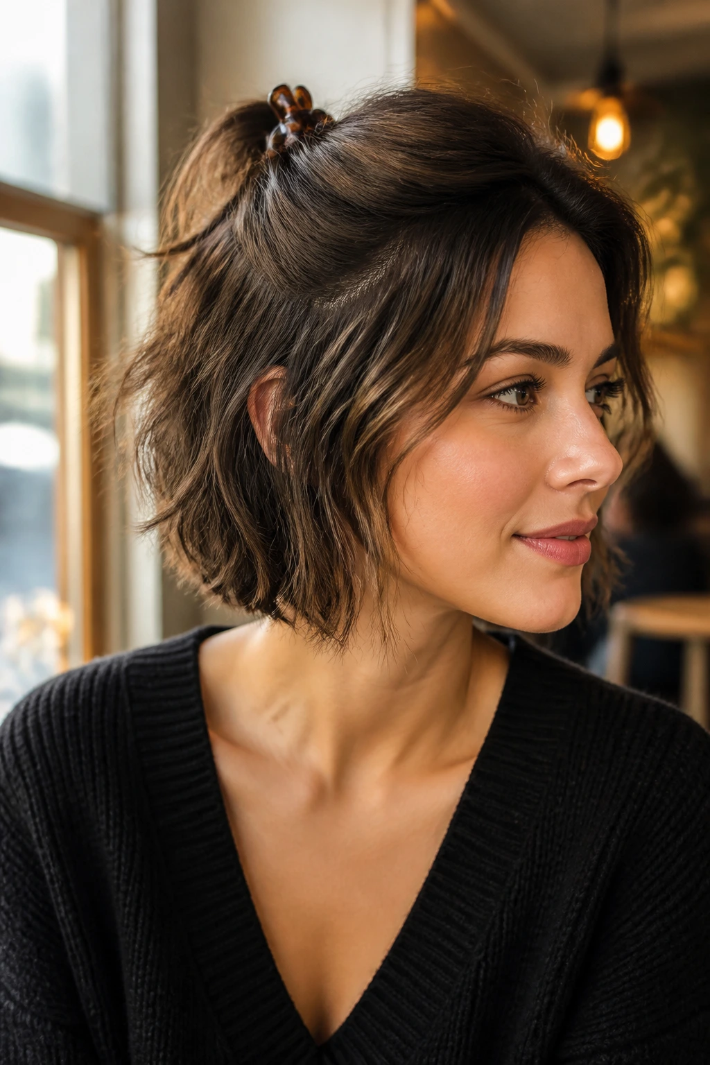 Close-up portrait of a real woman with half-up choppy bob hairstyle