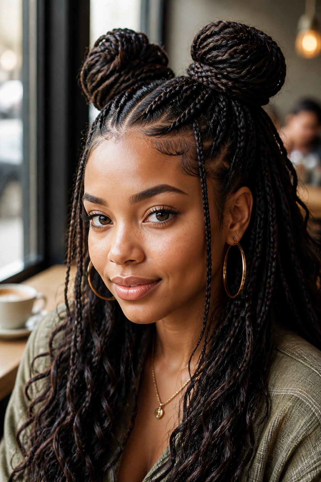 Real woman with half-up, half-down bohemian buns in cafe light