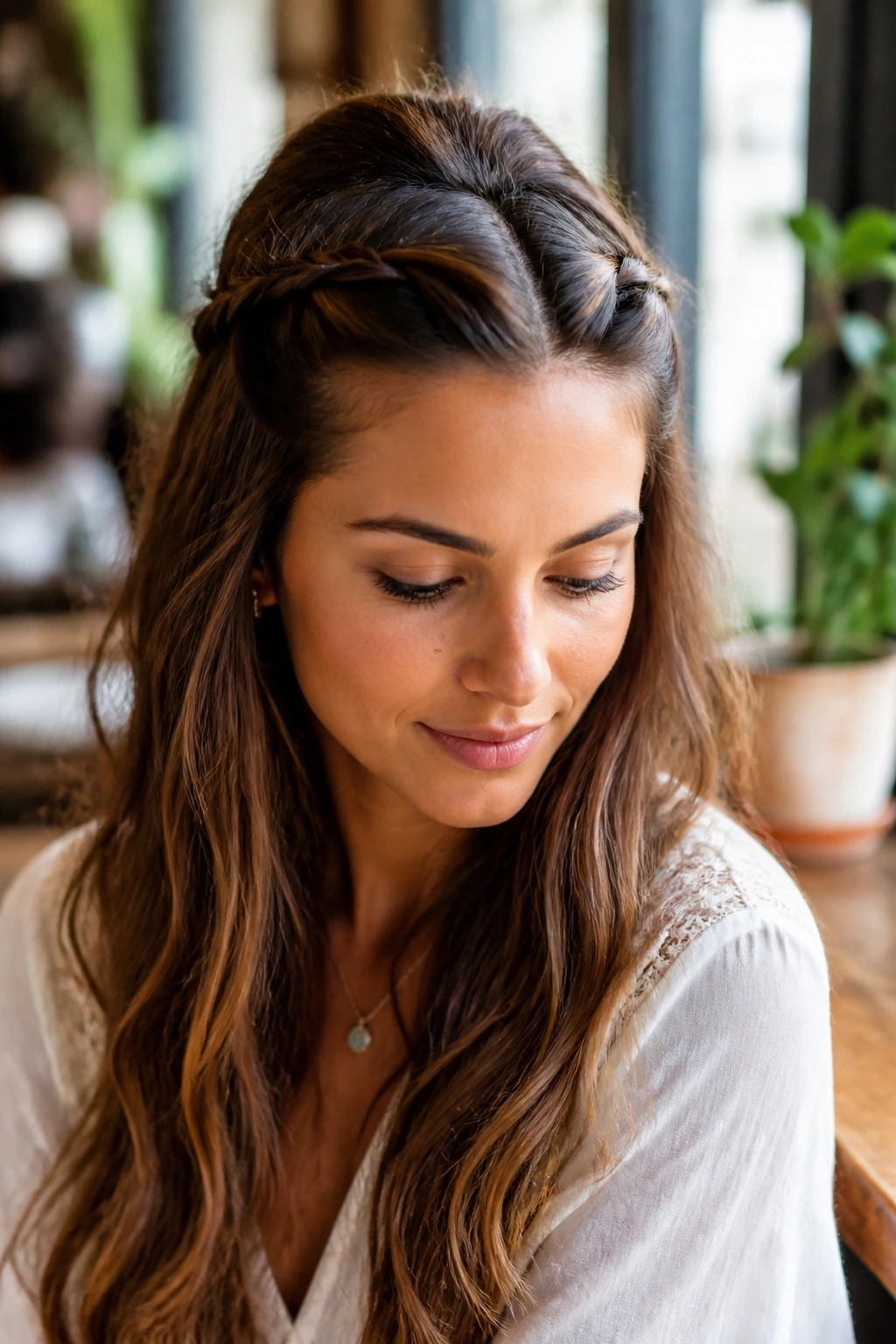 Close-up of a real woman with half-up bohemian headband braid across the crown