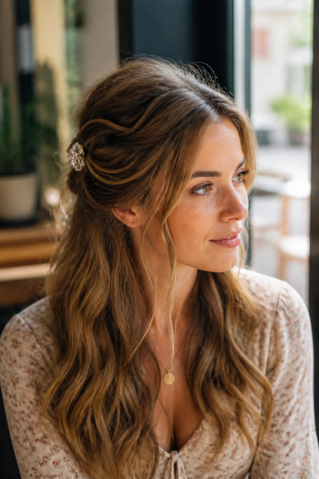 Close-up of woman with soft half-up boho twist and loose tendrils