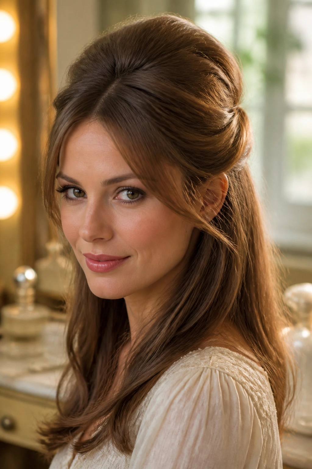Close-up portrait of a real person with a half-up bouffant hairstyle