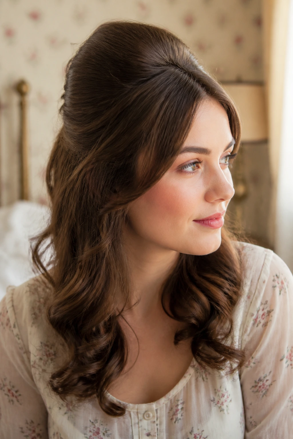 Close-up of a real woman with a half-up bouffant hairstyle in warm bedroom light