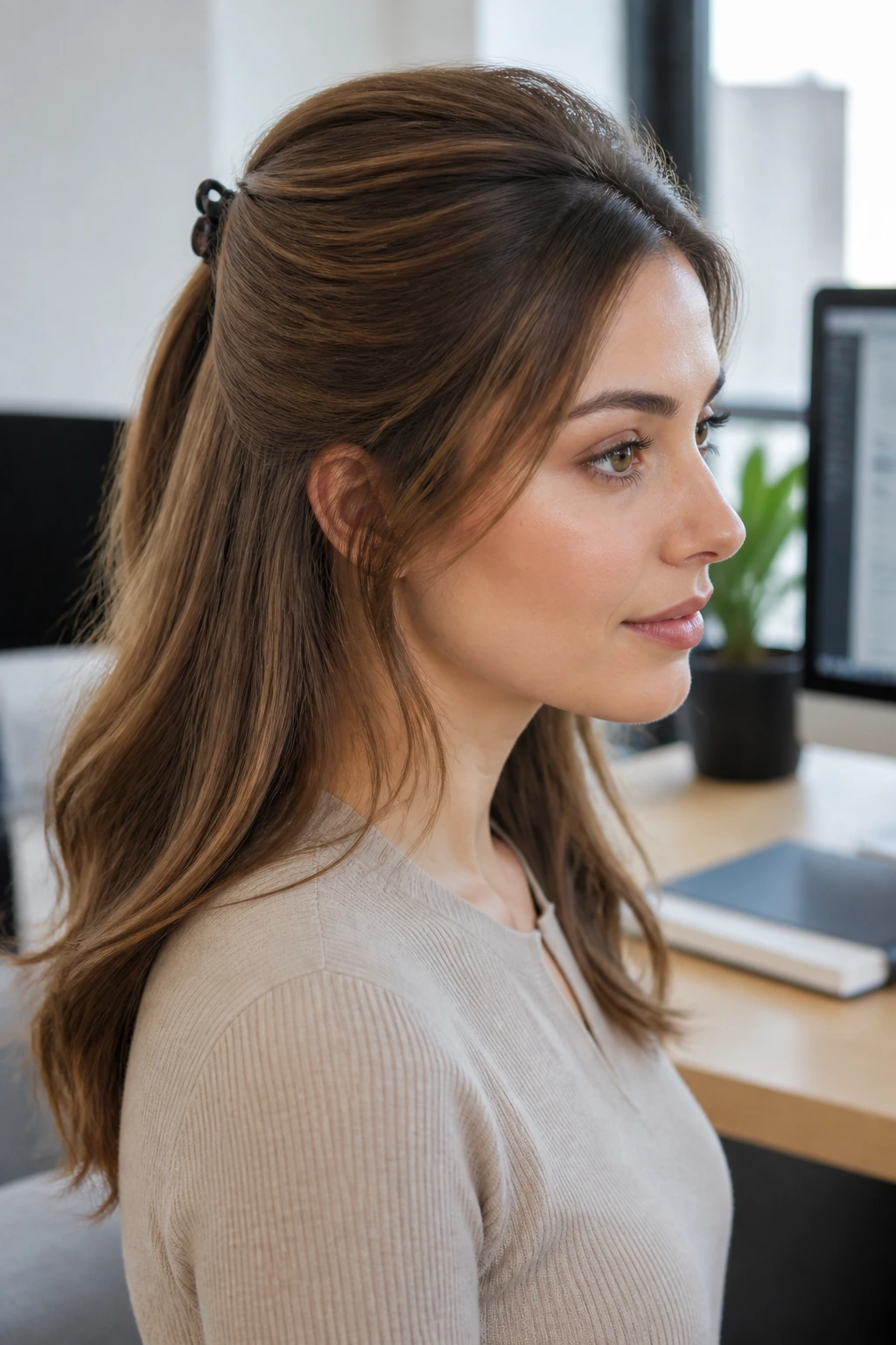 Close-up of a woman with a subtle bouffant at the crown in bright office light