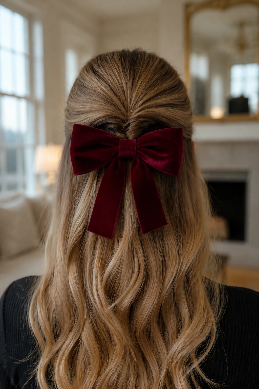 Close-up of a real woman with a half-up crown and velvet bow