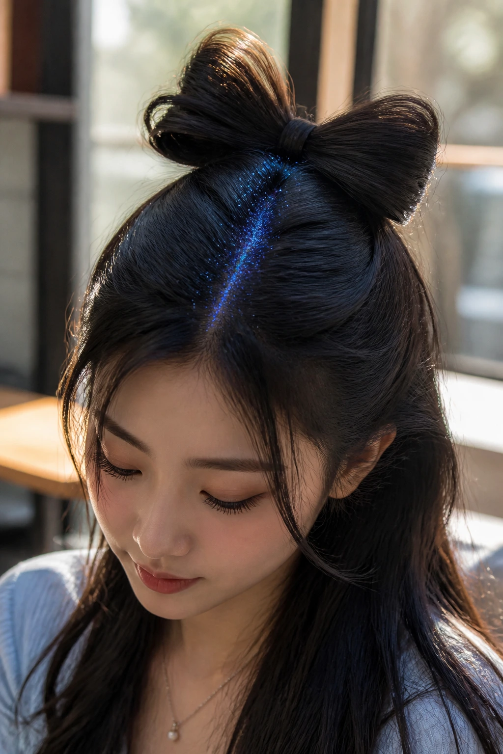 Portrait of a real woman with a half-up bow hairstyle and royal blue sparkles along the center part.