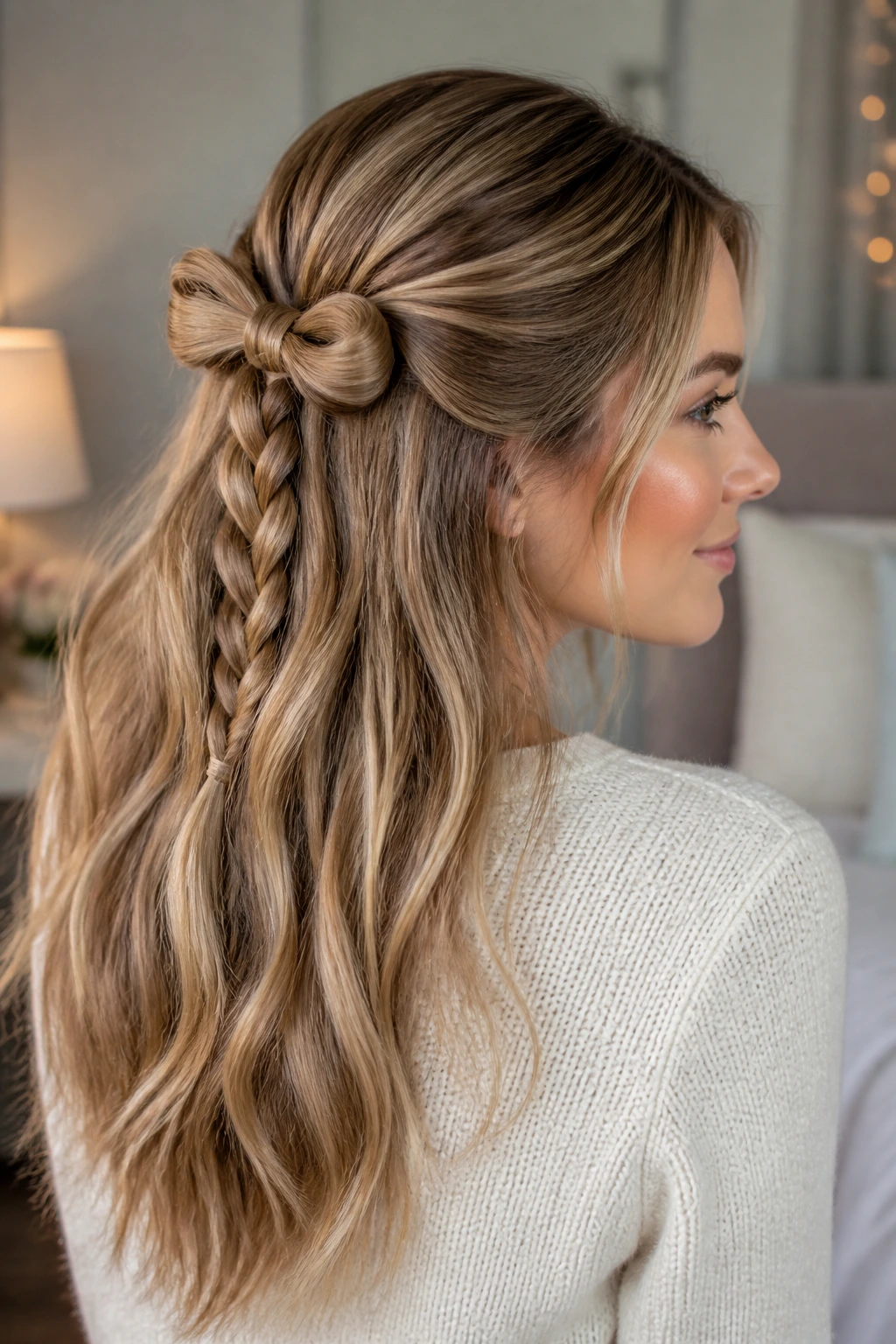 Close-up of a real woman with a half-up bow braid forming loops at the crown