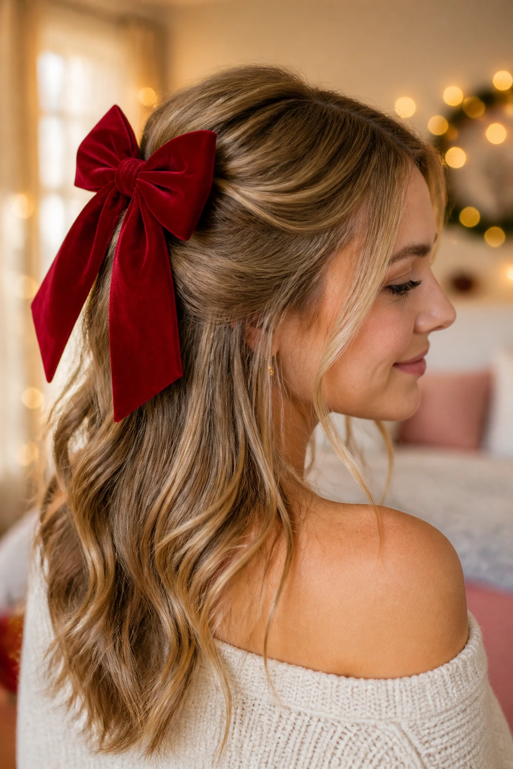 Close-up of a real woman wearing a half-up bow hairstyle with a large crown bow in warm window light.