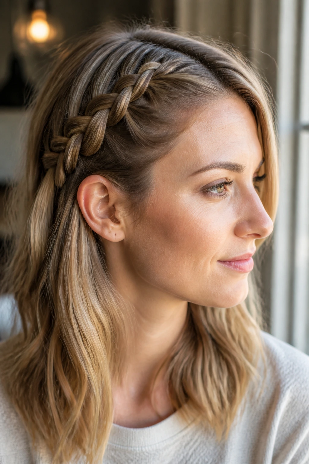 Close-up of a real woman with a half-up side Dutch braid.
