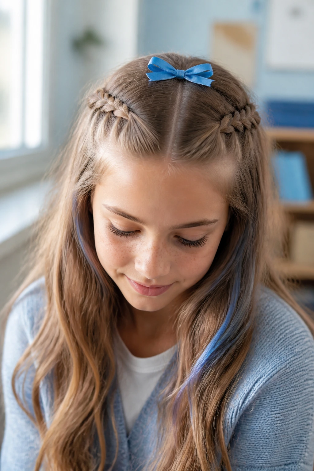 Close-up of a real person with two front braids meeting in the middle secured by a blue bow