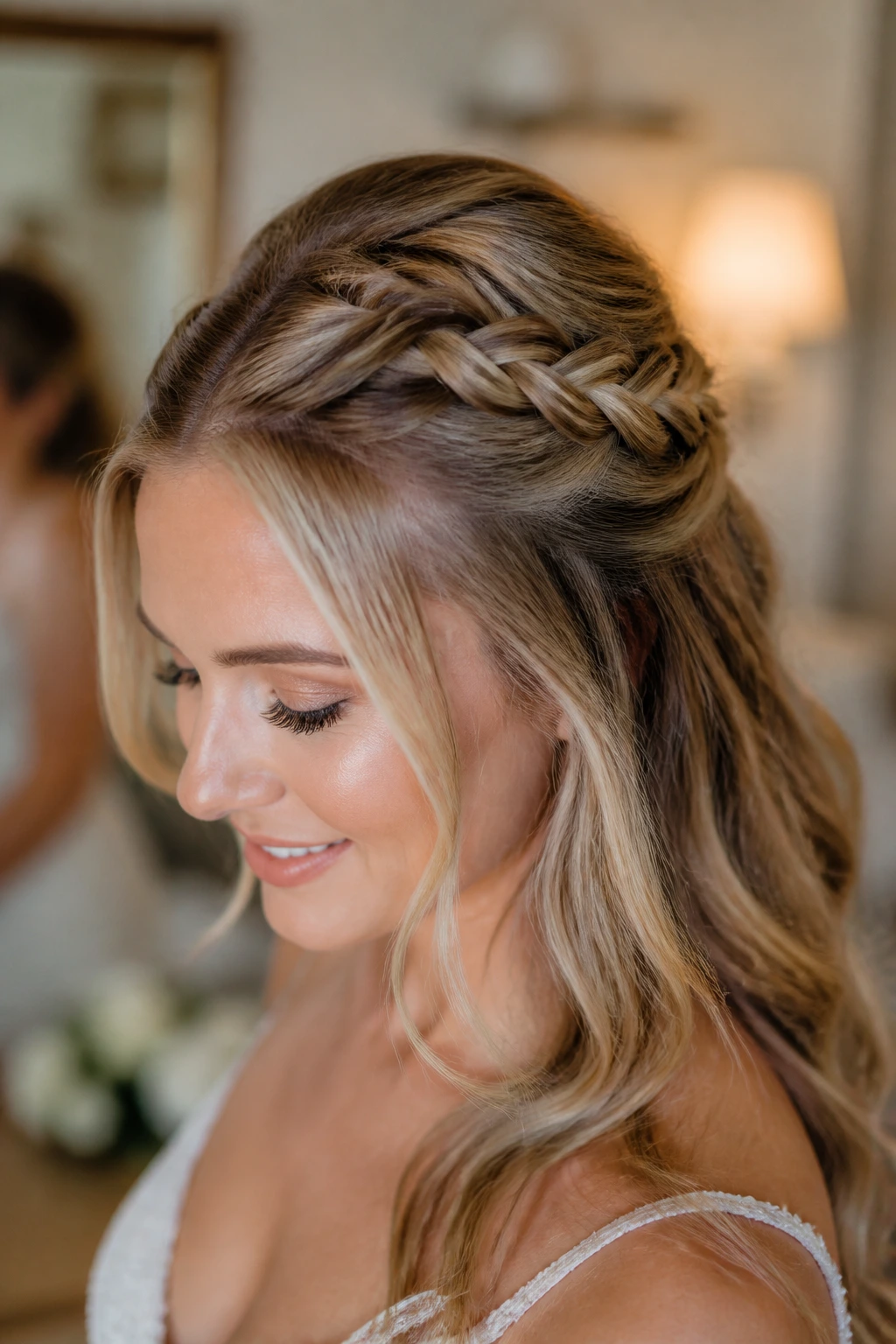 Close-up of a real bride's head with a classic half-up French braid, soft bridal room lighting.