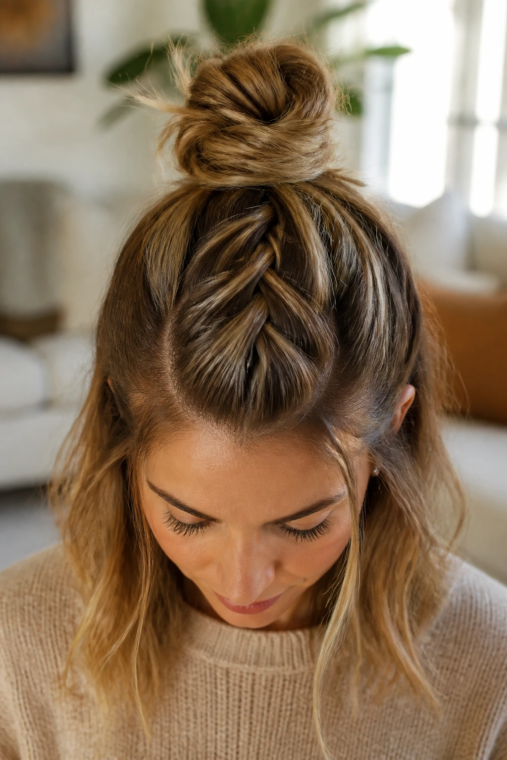 Close-up of a real person with a Half-Up Dutch Braid Top Knot hairstyle