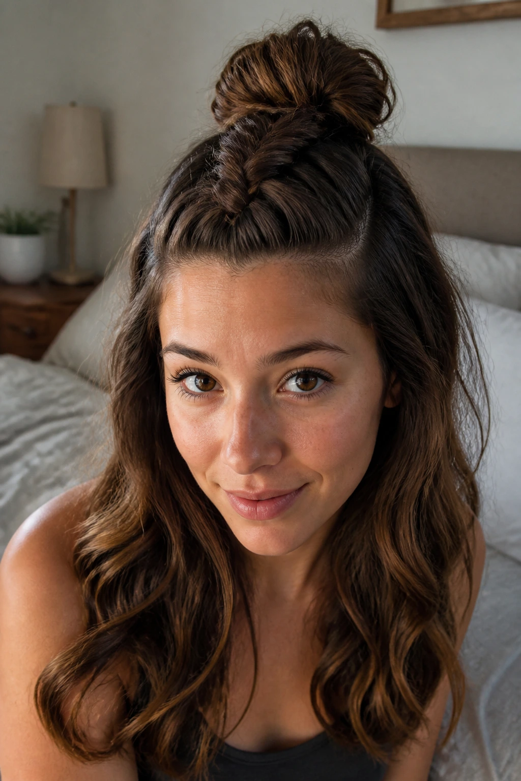 Close-up of a real woman with half-up French braid into top knot and wavy hair