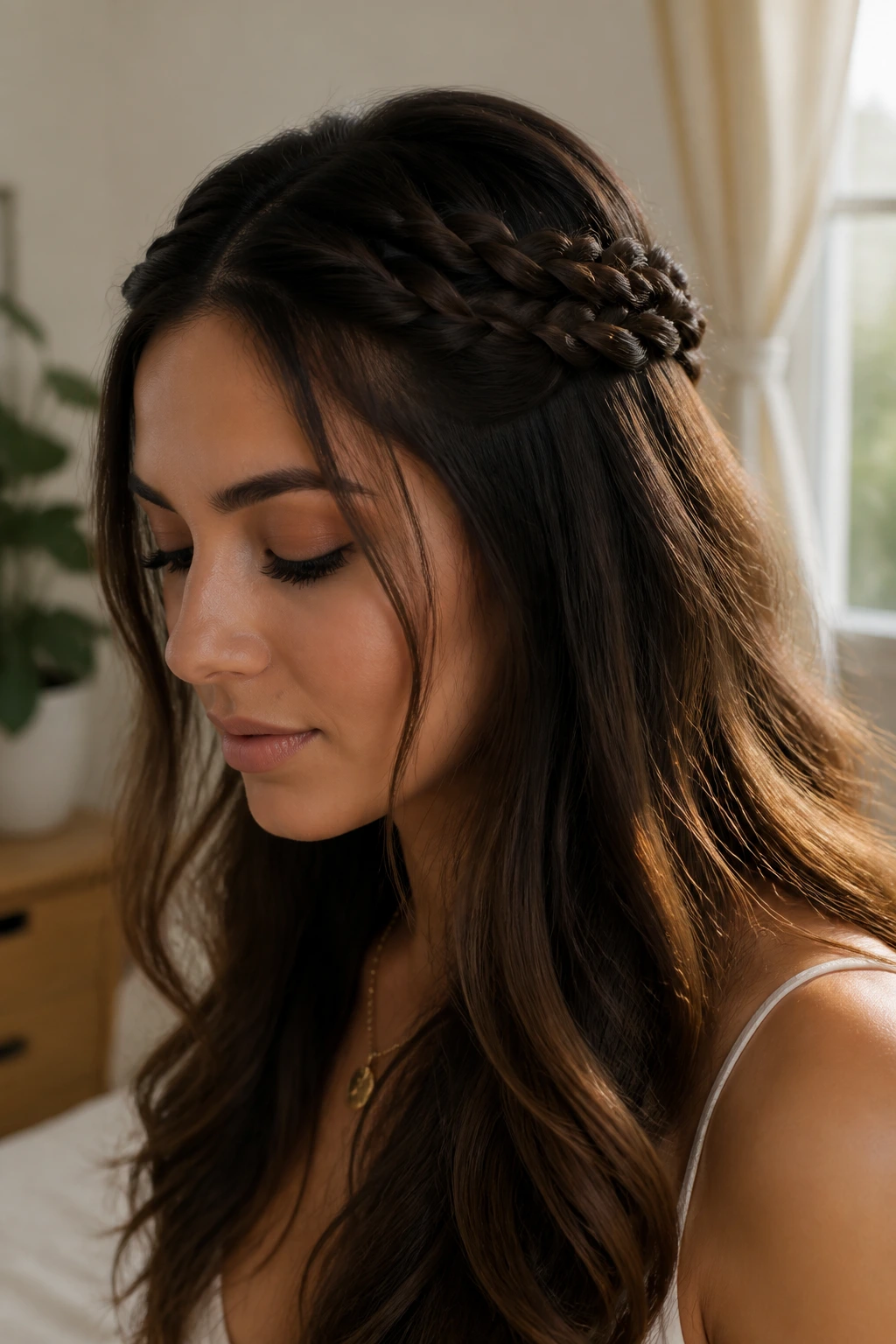Close-up of a real woman wearing a half-up braided crown