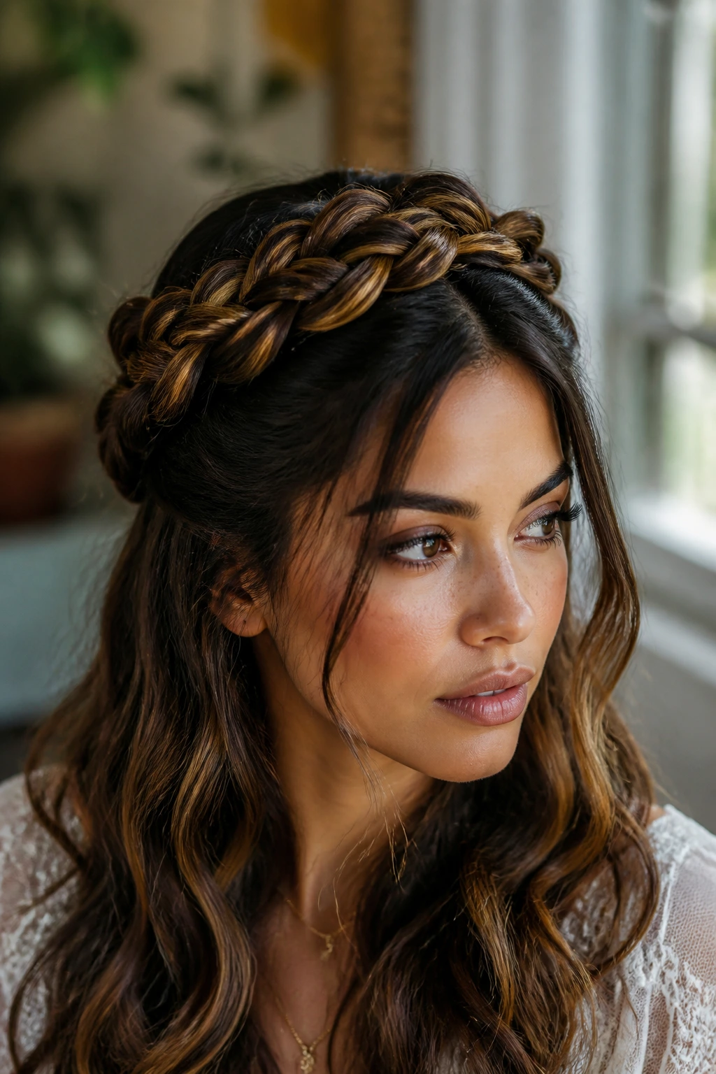 Real person with a braided crown created from half-up half-down hairstyle