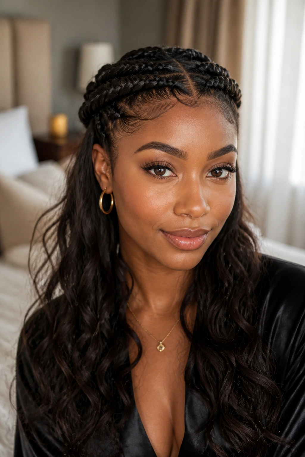 Real woman with half-up braided crown and flowing hair in soft morning light