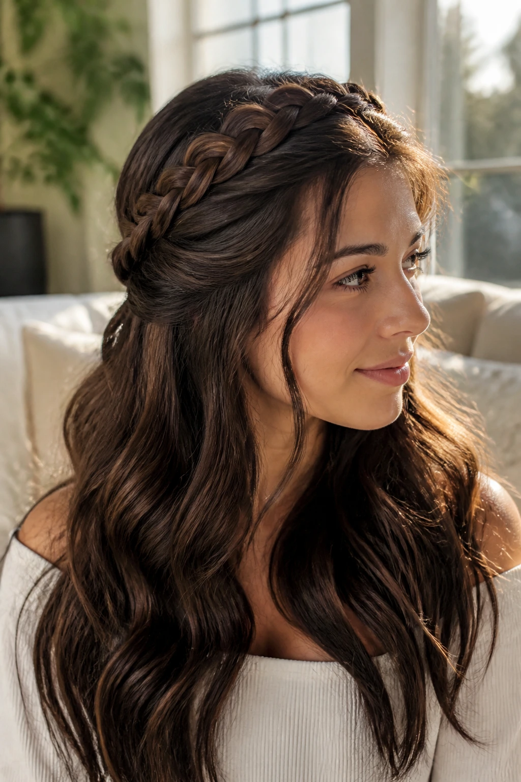 Woman with two braids forming a crown at the back, facing slightly to the side in a sunlit room